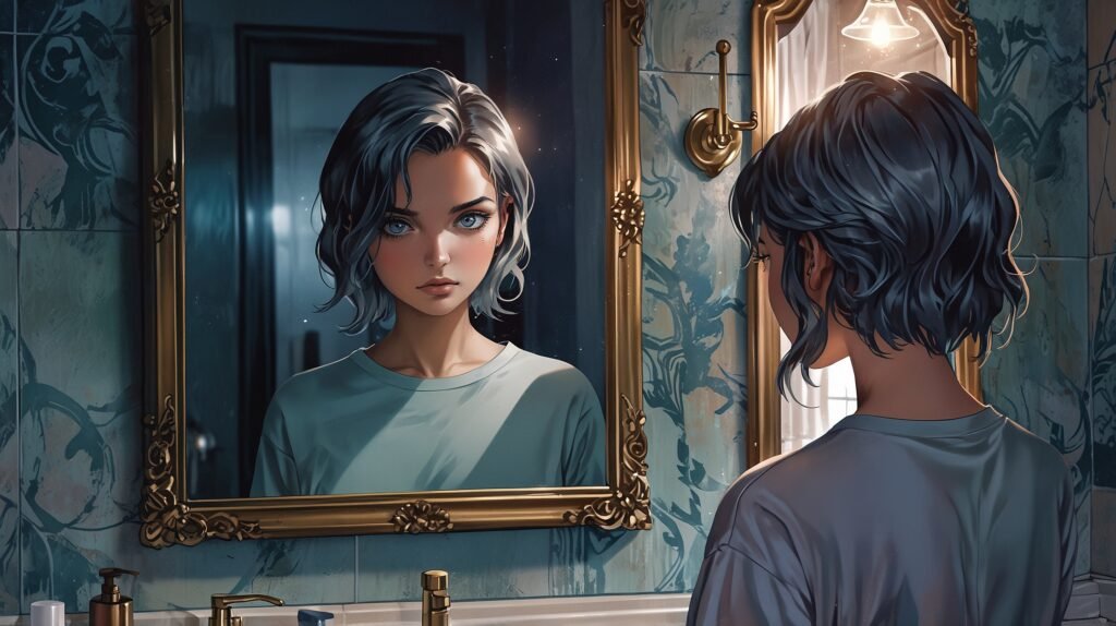 Young person with a serious expression looking at themselves in a mirror, representing the beginning of a personal journey