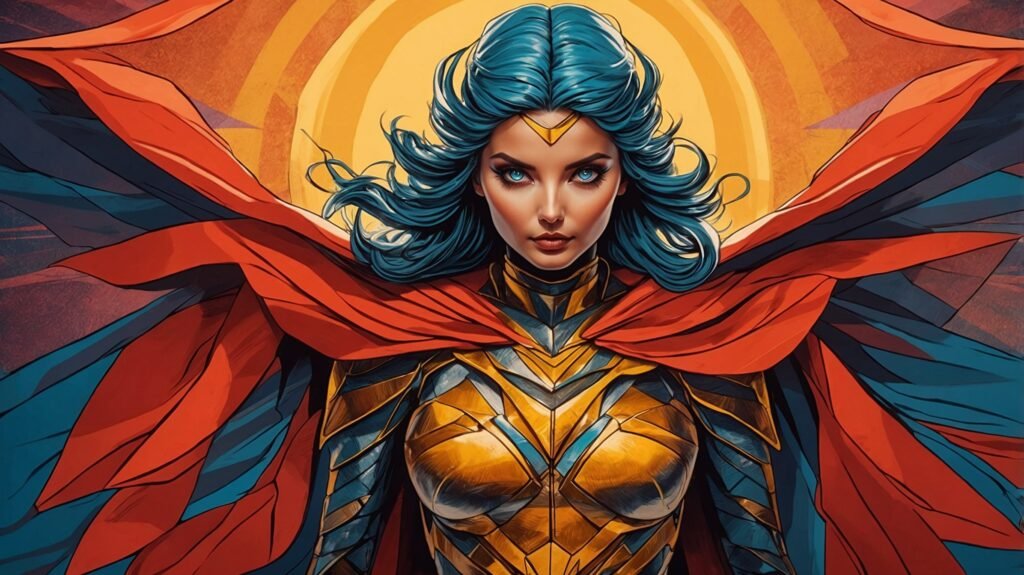 A hero in golden armor and red cape stands confidently, representing the empowerment gained through trauma recovery.